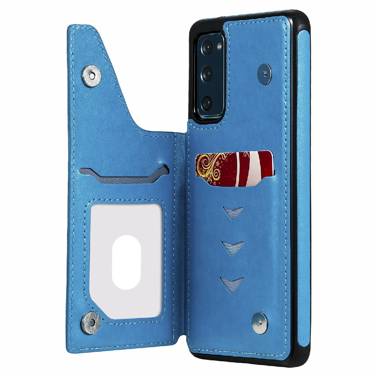 KT Leather Coated Series-9 Mandala Flower Pattern PU Leather+TPU Card Holder Kickstand Case for Samsung Galaxy S20 FE - Blue