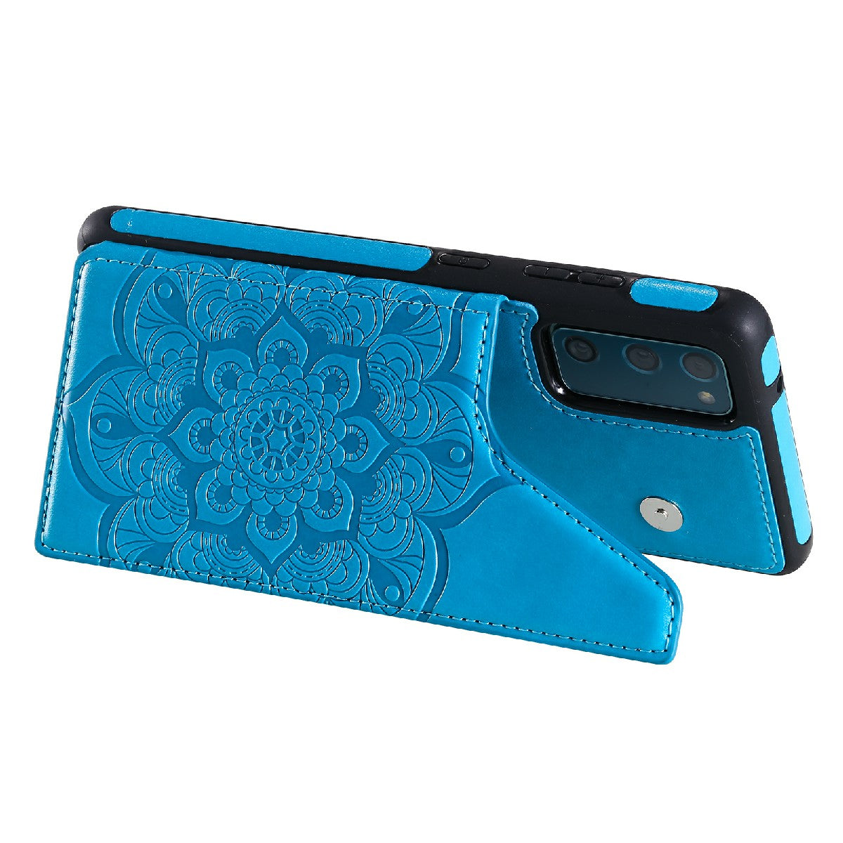 KT Leather Coated Series-9 Mandala Flower Pattern PU Leather+TPU Card Holder Kickstand Case for Samsung Galaxy S20 FE - Blue