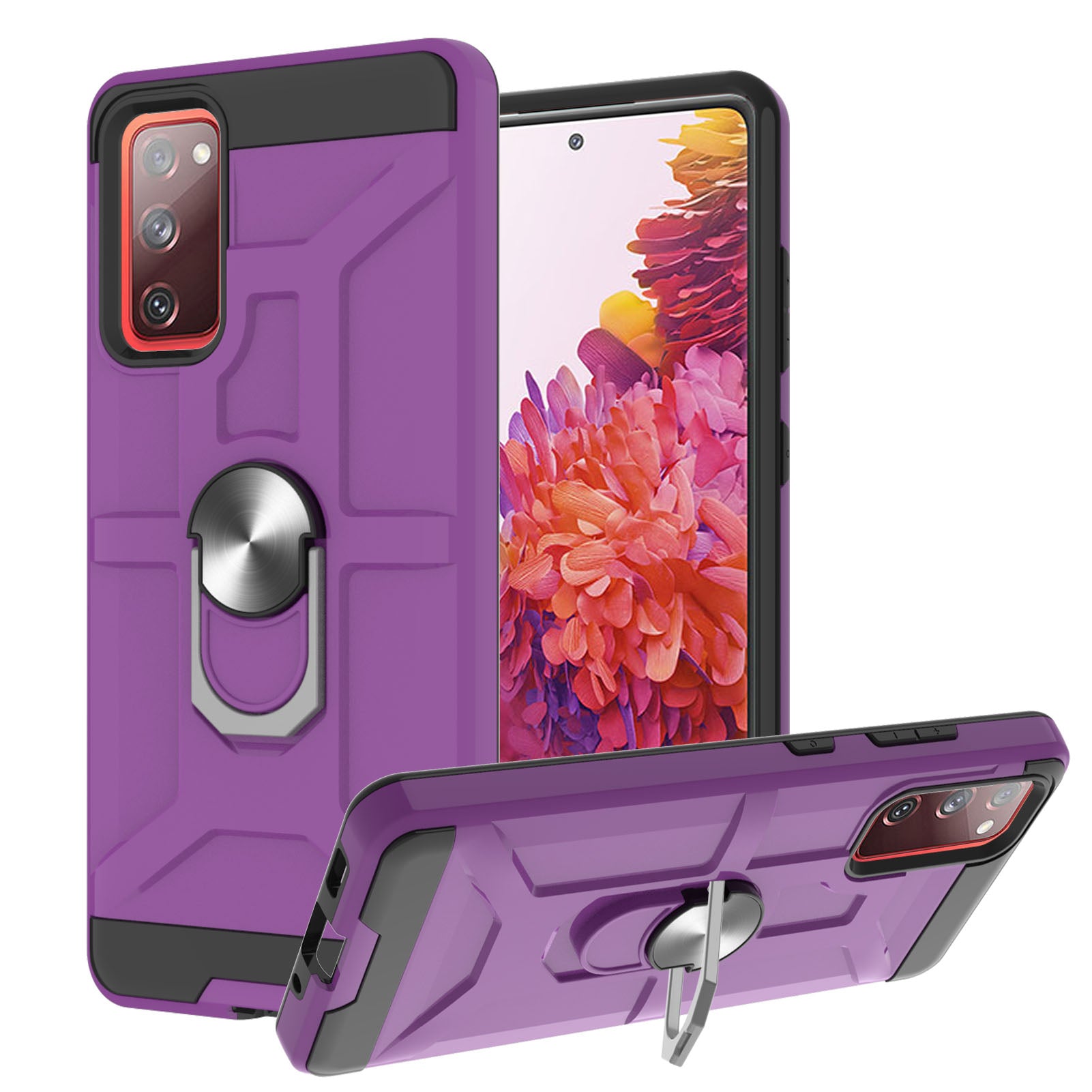 2-in-1 Rubberized Hybrid Phone Case with Finger Ring Kickstand Design for Samsung Galaxy S20 FE 2022/S20 FE 4G/S20 FE 5G/S20 Lite - Purple