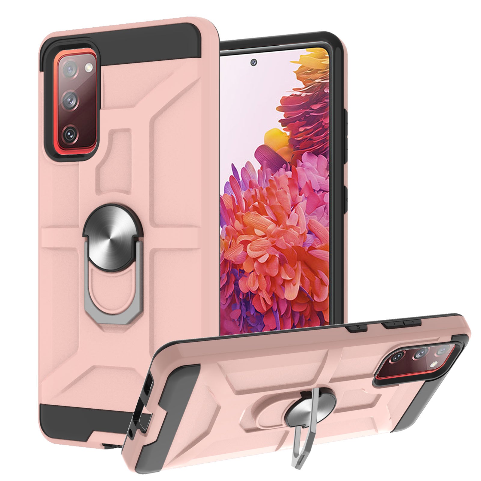 2-in-1 Rubberized Hybrid Phone Case with Finger Ring Kickstand Design for Samsung Galaxy S20 FE 2022/S20 FE 4G/S20 FE 5G/S20 Lite - Rose Gold