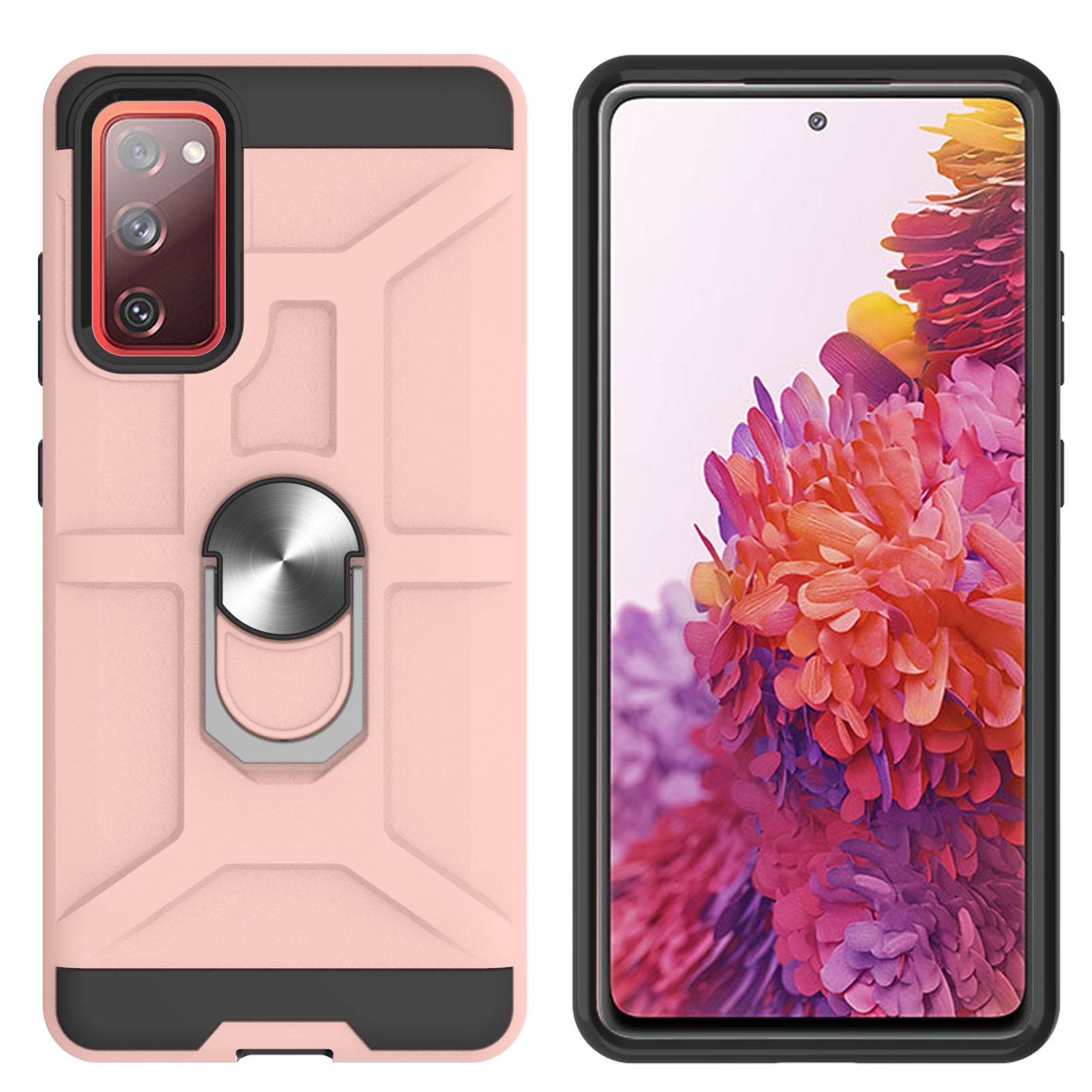 2-in-1 Rubberized Hybrid Phone Case with Finger Ring Kickstand Design for Samsung Galaxy S20 FE 2022/S20 FE 4G/S20 FE 5G/S20 Lite - Rose Gold