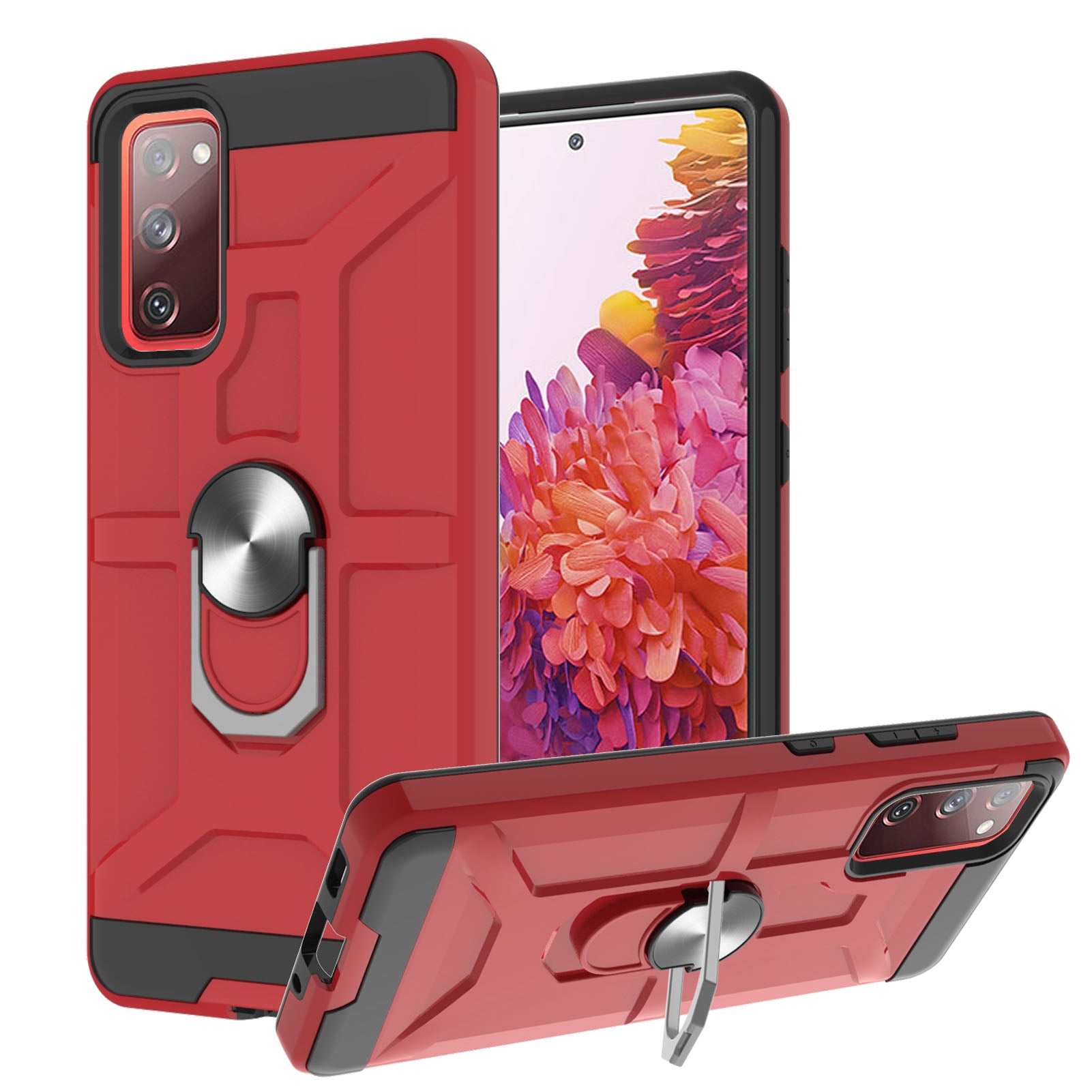 2-in-1 Rubberized Hybrid Phone Case with Finger Ring Kickstand Design for Samsung Galaxy S20 FE 2022/S20 FE 4G/S20 FE 5G/S20 Lite - Red