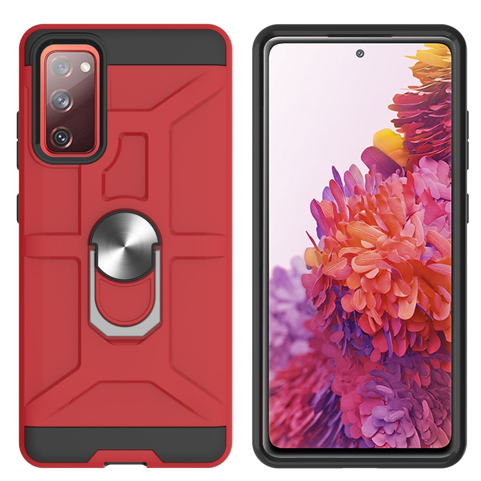 2-in-1 Rubberized Hybrid Phone Case with Finger Ring Kickstand Design for Samsung Galaxy S20 FE 2022/S20 FE 4G/S20 FE 5G/S20 Lite - Red