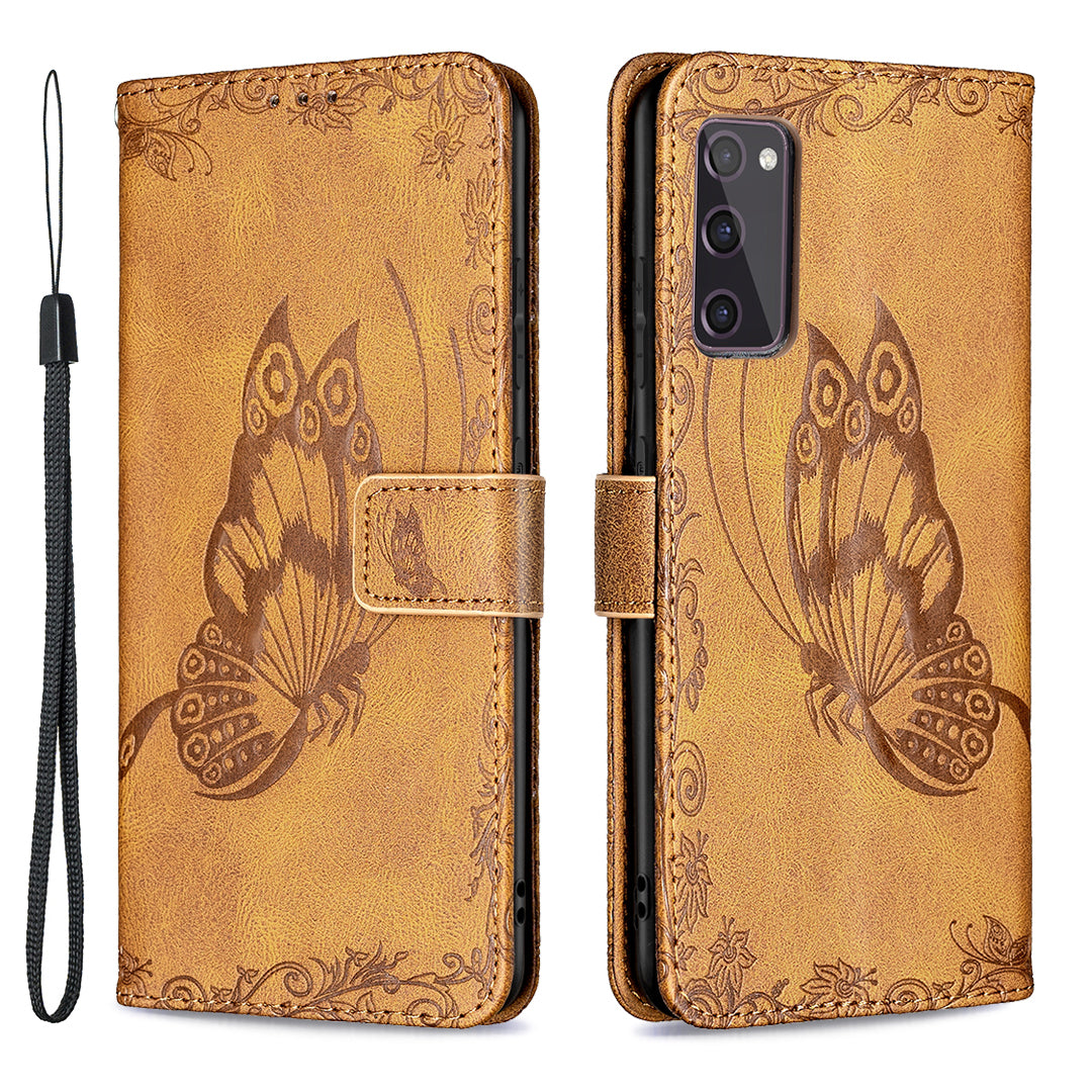 Magnetic Clasp Imprinted Butterfly Pattern Zipper Pocket Leather Phone Case Stand for Samsung Galaxy S20 FE 5G - Brown