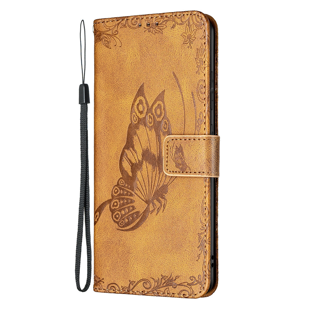 Magnetic Clasp Imprinted Butterfly Pattern Zipper Pocket Leather Phone Case Stand for Samsung Galaxy S20 FE 5G - Brown