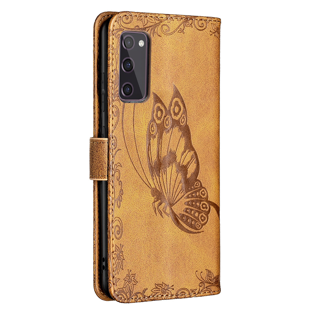 Magnetic Clasp Imprinted Butterfly Pattern Zipper Pocket Leather Phone Case Stand for Samsung Galaxy S20 FE 5G - Brown