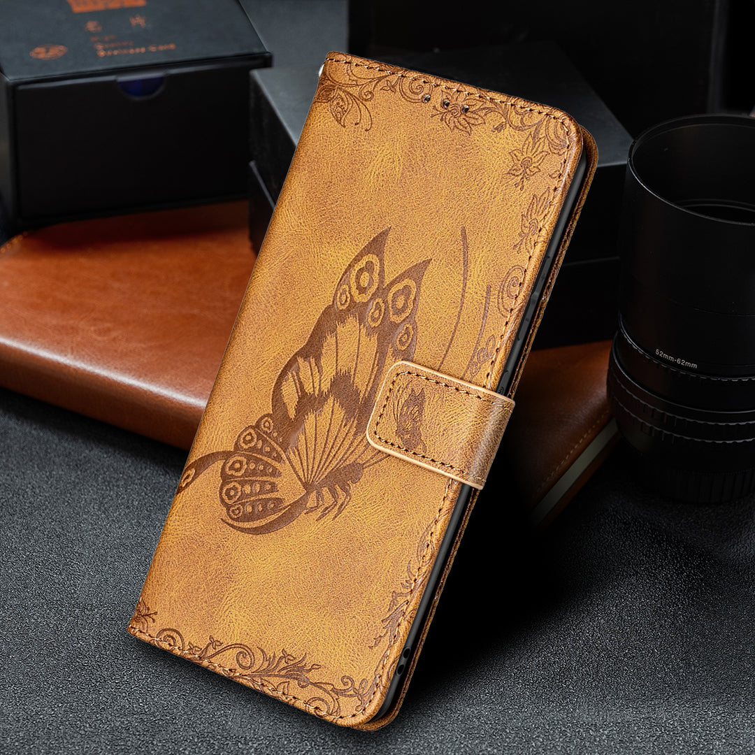 Magnetic Clasp Imprinted Butterfly Pattern Zipper Pocket Leather Phone Case Stand for Samsung Galaxy S20 FE 5G - Brown