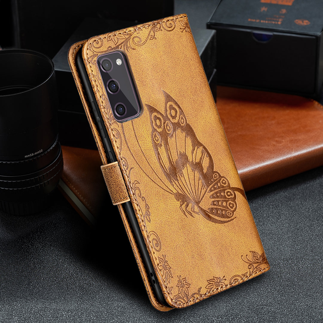 Magnetic Clasp Imprinted Butterfly Pattern Zipper Pocket Leather Phone Case Stand for Samsung Galaxy S20 FE 5G - Brown