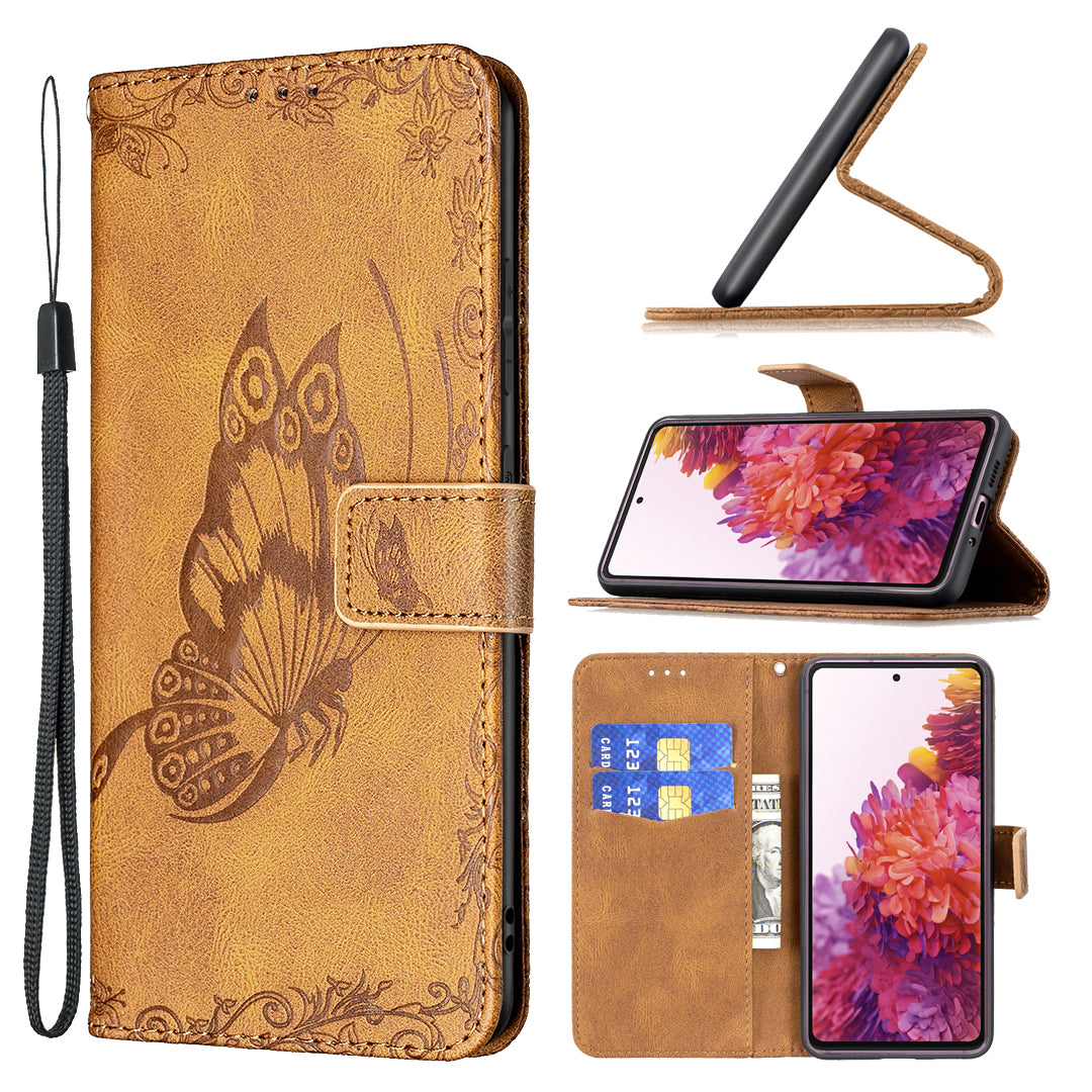 Magnetic Clasp Imprinted Butterfly Pattern Zipper Pocket Leather Phone Case Stand for Samsung Galaxy S20 FE 5G - Brown