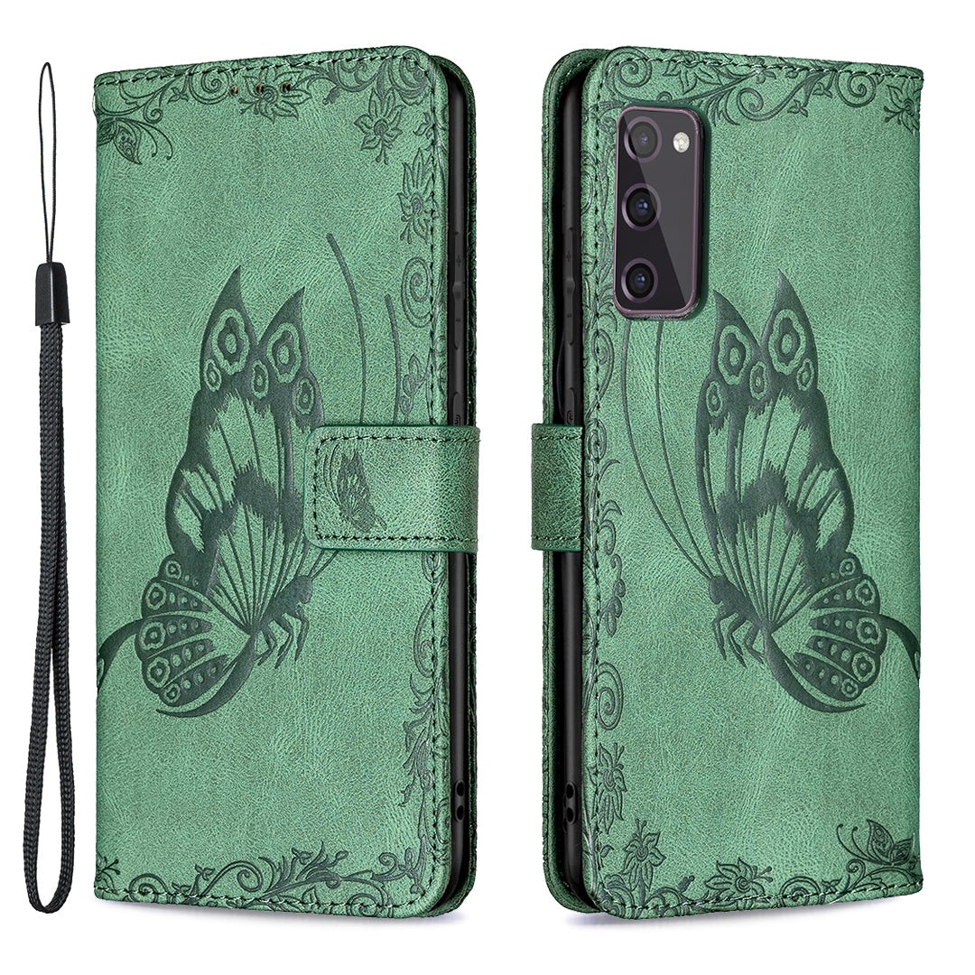 Magnetic Clasp Imprinted Butterfly Pattern Zipper Pocket Leather Phone Case Stand for Samsung Galaxy S20 FE 5G - Green