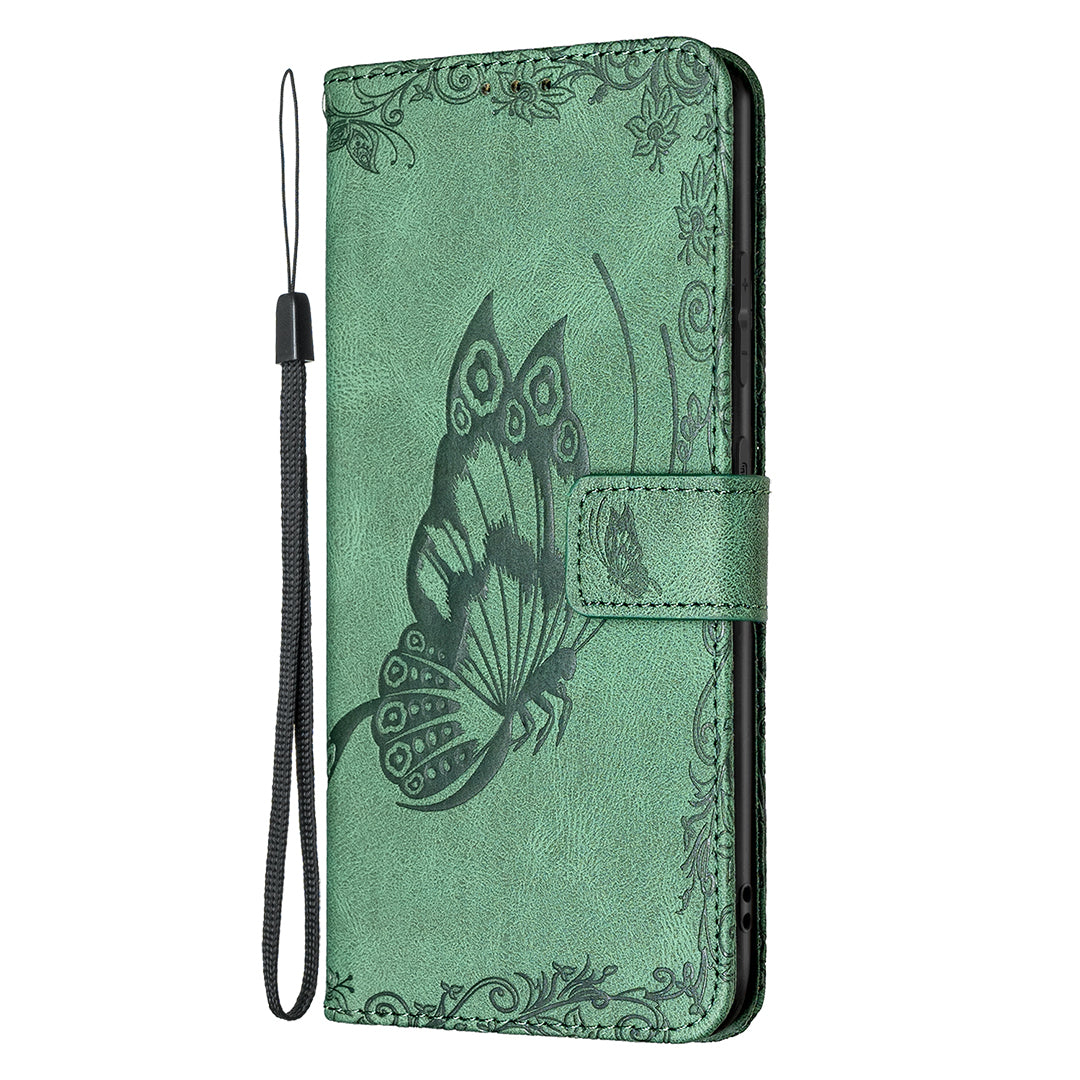 Magnetic Clasp Imprinted Butterfly Pattern Zipper Pocket Leather Phone Case Stand for Samsung Galaxy S20 FE 5G - Green