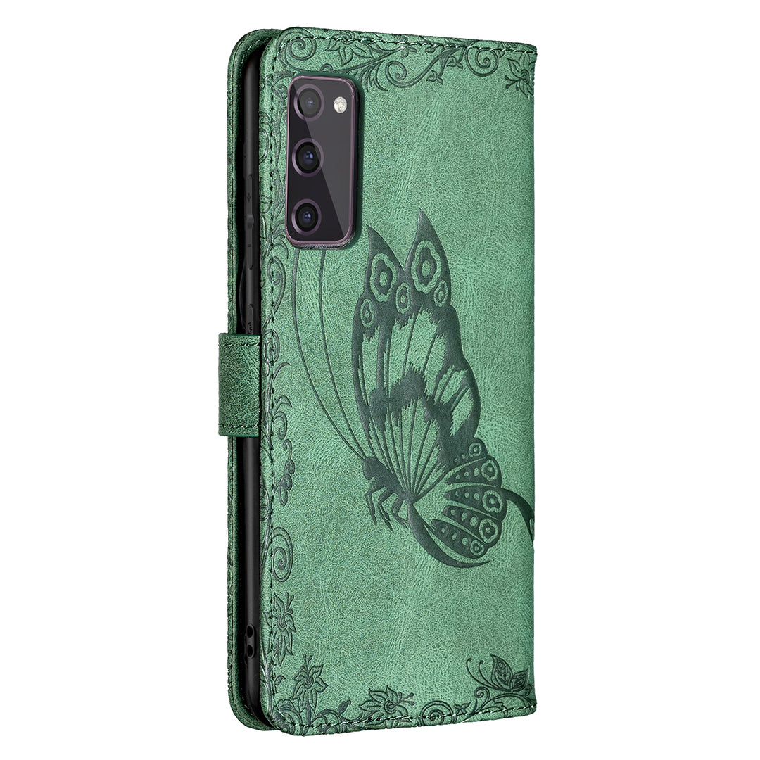 Magnetic Clasp Imprinted Butterfly Pattern Zipper Pocket Leather Phone Case Stand for Samsung Galaxy S20 FE 5G - Green