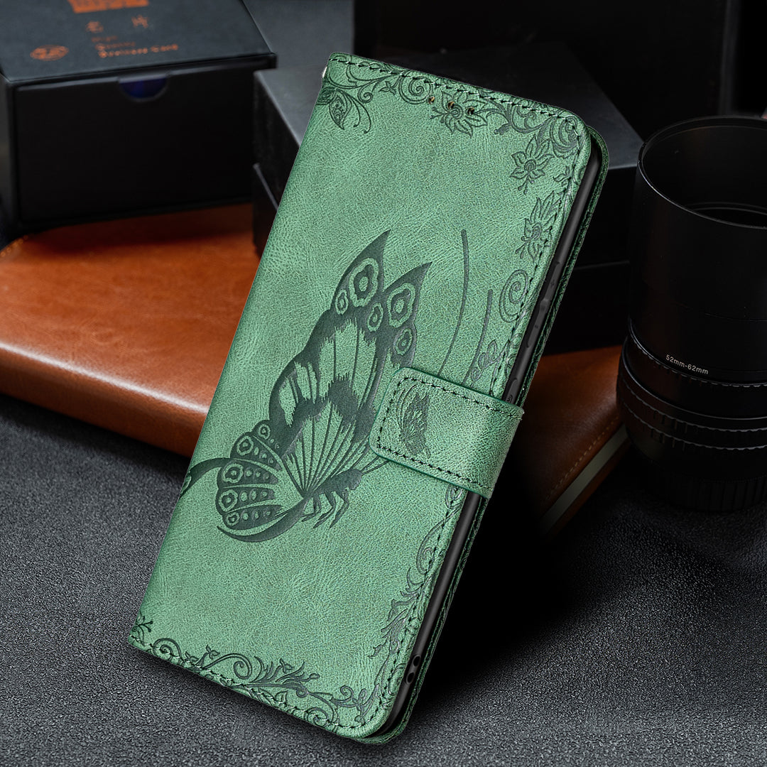 Magnetic Clasp Imprinted Butterfly Pattern Zipper Pocket Leather Phone Case Stand for Samsung Galaxy S20 FE 5G - Green