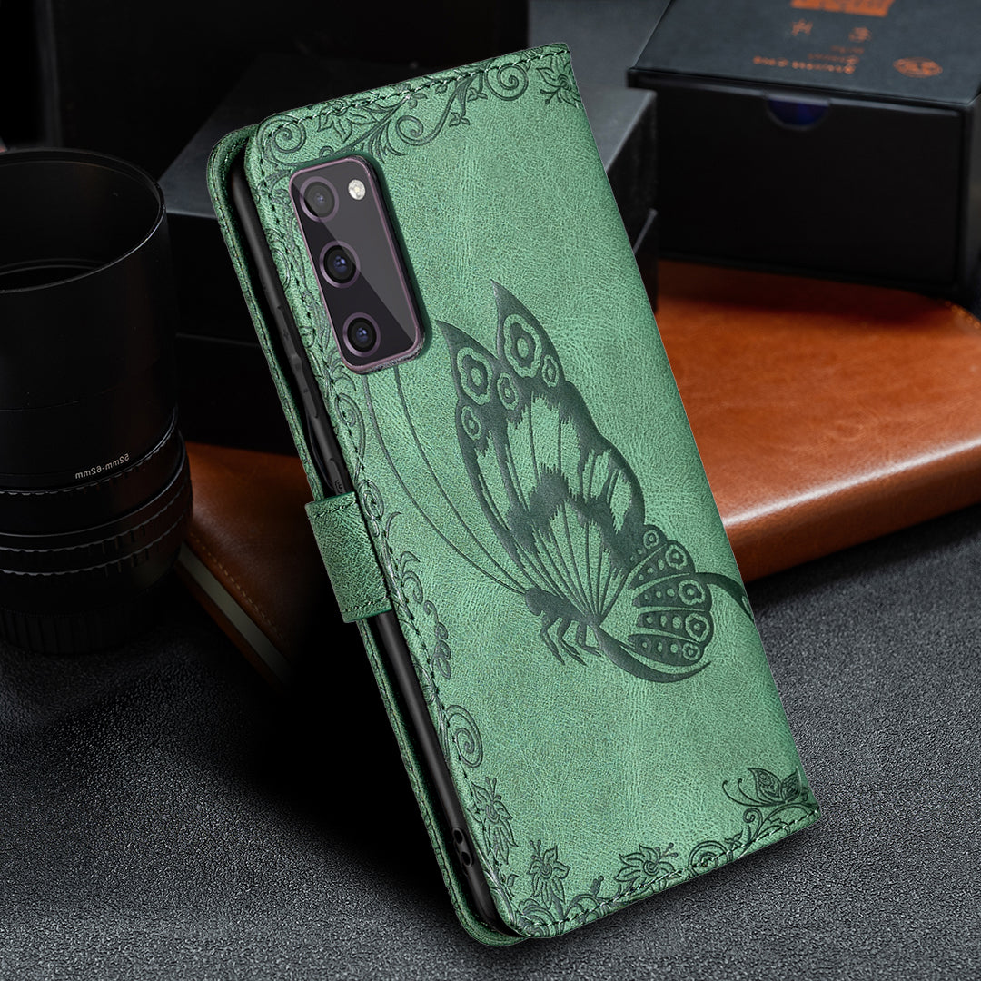 Magnetic Clasp Imprinted Butterfly Pattern Zipper Pocket Leather Phone Case Stand for Samsung Galaxy S20 FE 5G - Green