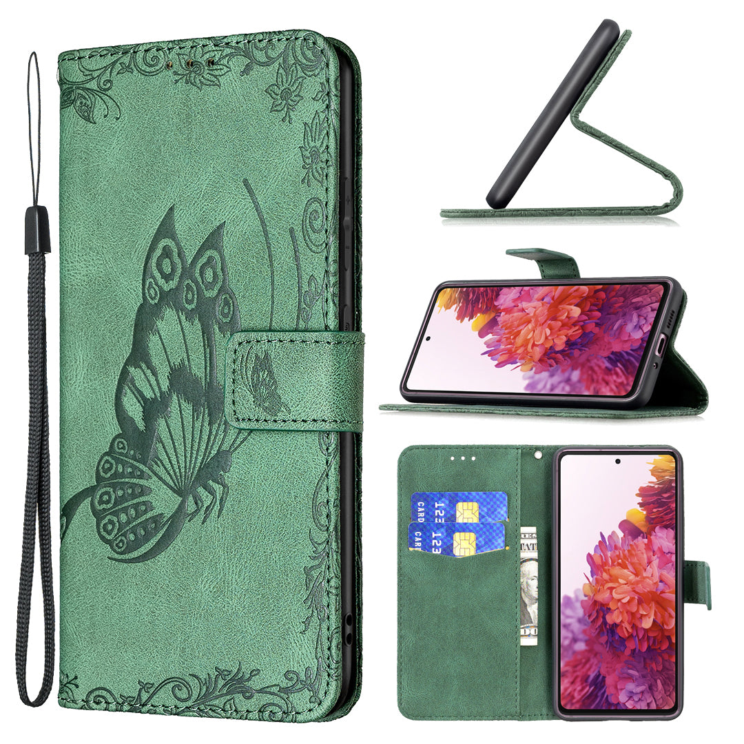 Magnetic Clasp Imprinted Butterfly Pattern Zipper Pocket Leather Phone Case Stand for Samsung Galaxy S20 FE 5G - Green