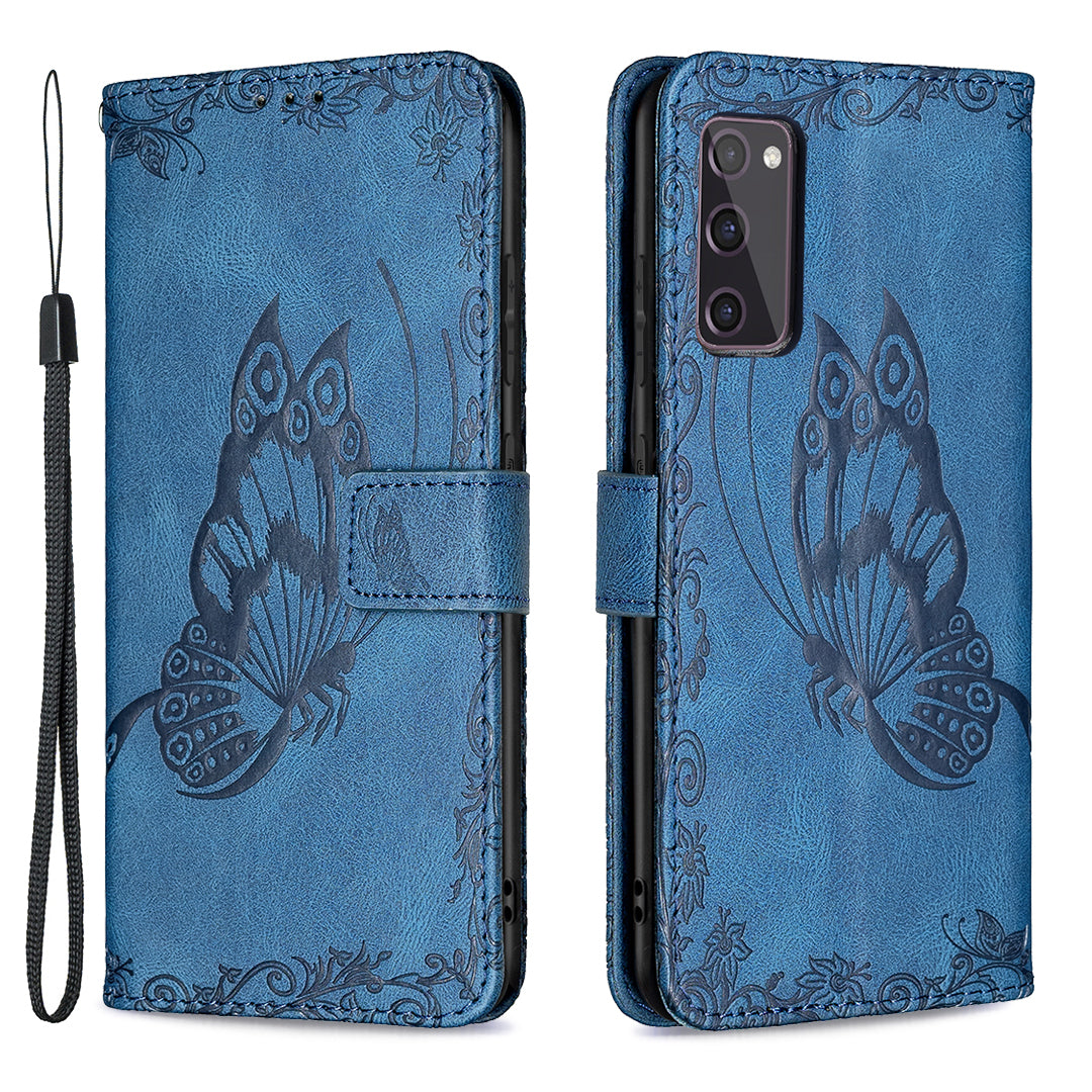 Magnetic Clasp Imprinted Butterfly Pattern Zipper Pocket Leather Phone Case Stand for Samsung Galaxy S20 FE 5G - Blue