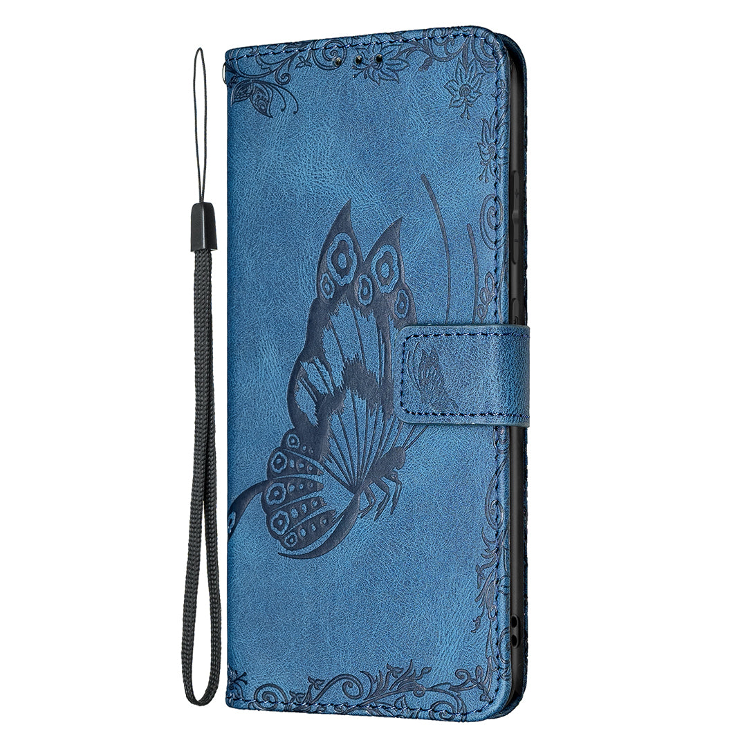 Magnetic Clasp Imprinted Butterfly Pattern Zipper Pocket Leather Phone Case Stand for Samsung Galaxy S20 FE 5G - Blue