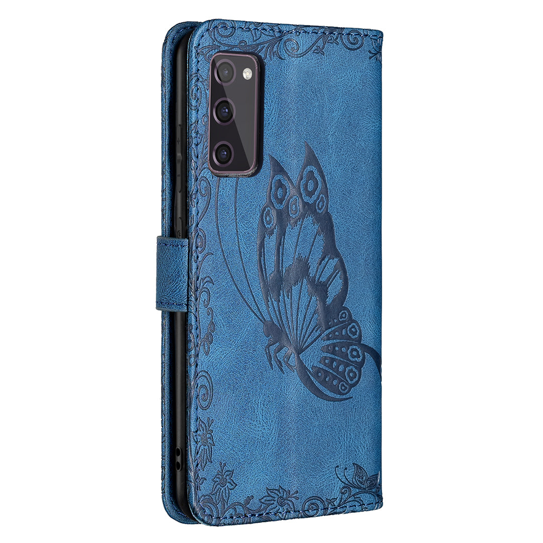 Magnetic Clasp Imprinted Butterfly Pattern Zipper Pocket Leather Phone Case Stand for Samsung Galaxy S20 FE 5G - Blue