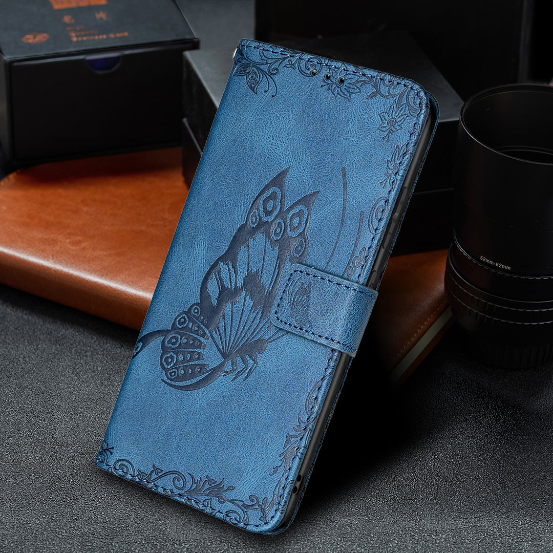 Magnetic Clasp Imprinted Butterfly Pattern Zipper Pocket Leather Phone Case Stand for Samsung Galaxy S20 FE 5G - Blue