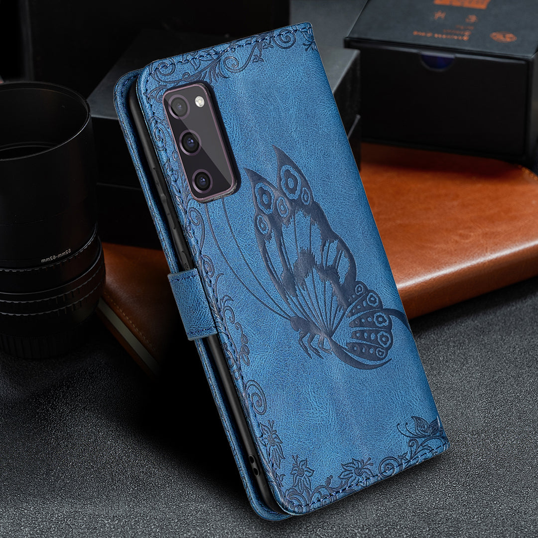 Magnetic Clasp Imprinted Butterfly Pattern Zipper Pocket Leather Phone Case Stand for Samsung Galaxy S20 FE 5G - Blue