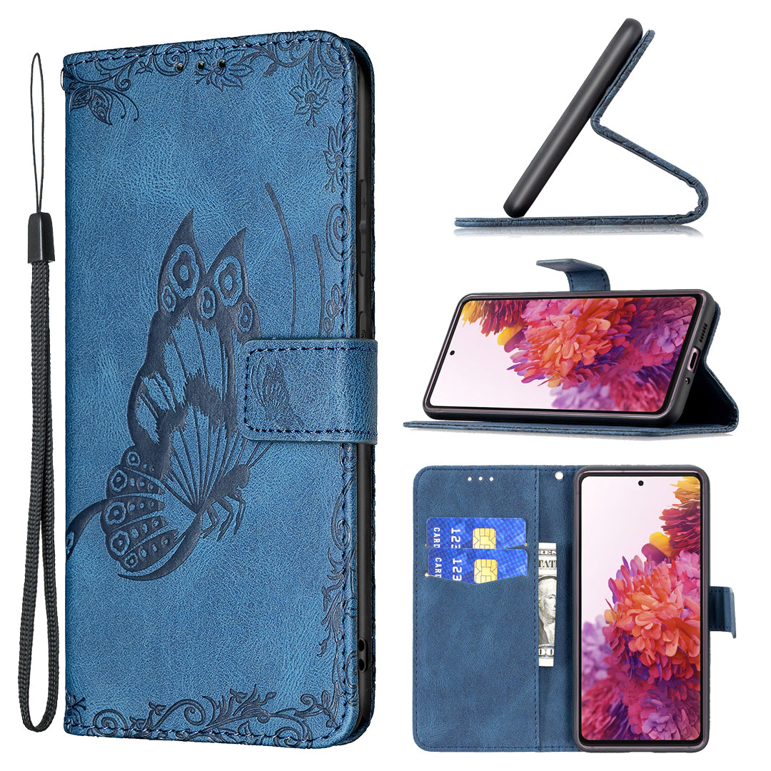 Magnetic Clasp Imprinted Butterfly Pattern Zipper Pocket Leather Phone Case Stand for Samsung Galaxy S20 FE 5G - Blue