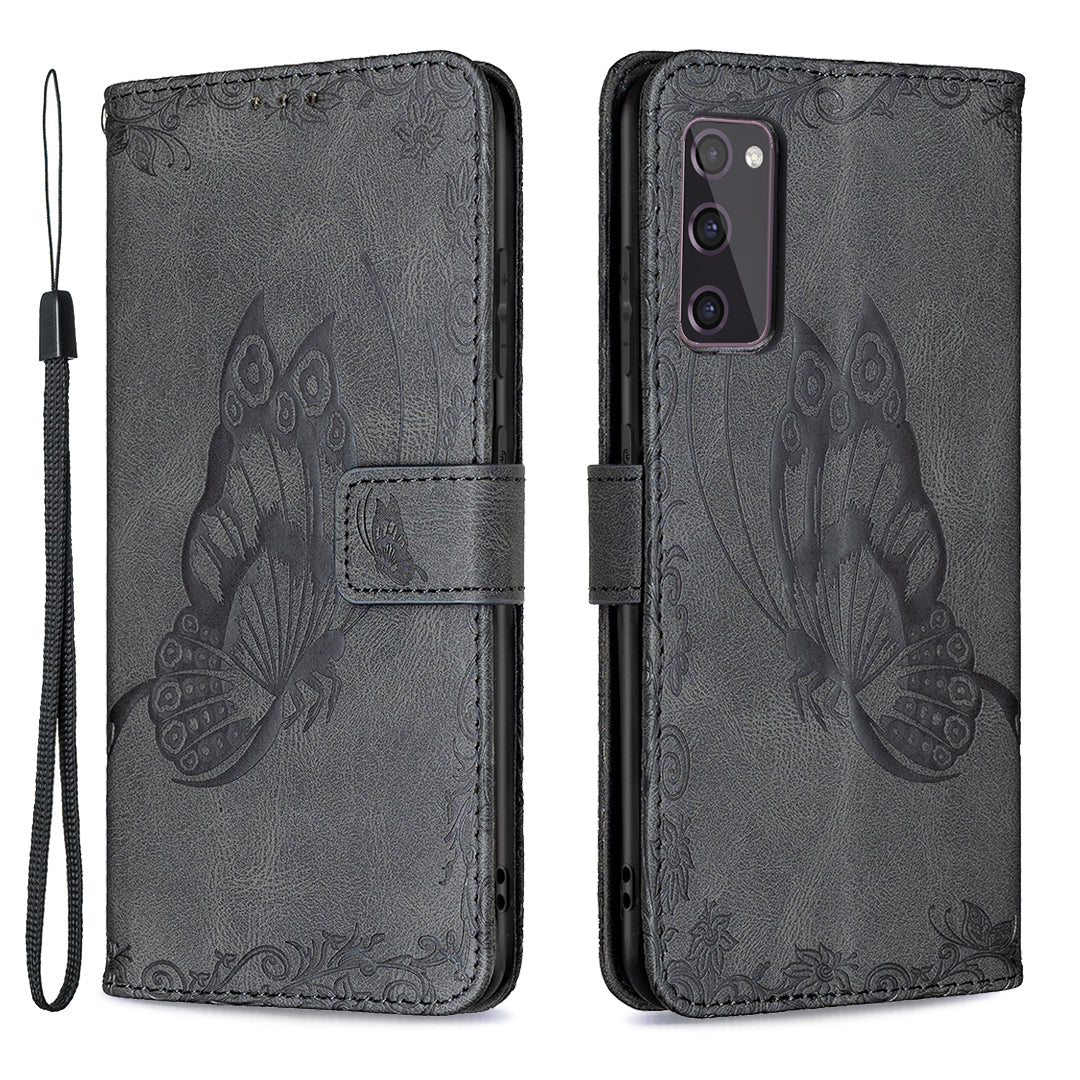 Magnetic Clasp Imprinted Butterfly Pattern Zipper Pocket Leather Phone Case Stand for Samsung Galaxy S20 FE 5G - Black