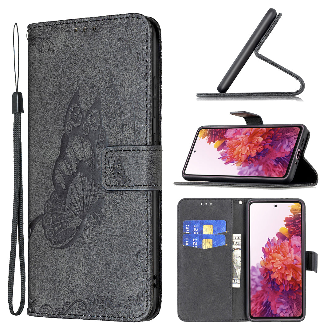 Magnetic Clasp Imprinted Butterfly Pattern Zipper Pocket Leather Phone Case Stand for Samsung Galaxy S20 FE 5G - Black