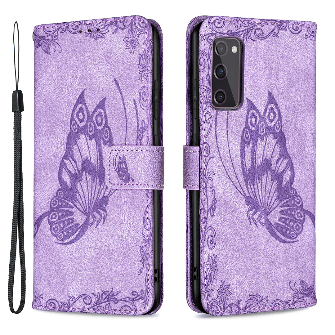 Magnetic Clasp Imprinted Butterfly Pattern Zipper Pocket Leather Phone Case Stand for Samsung Galaxy S20 FE 5G - Purple