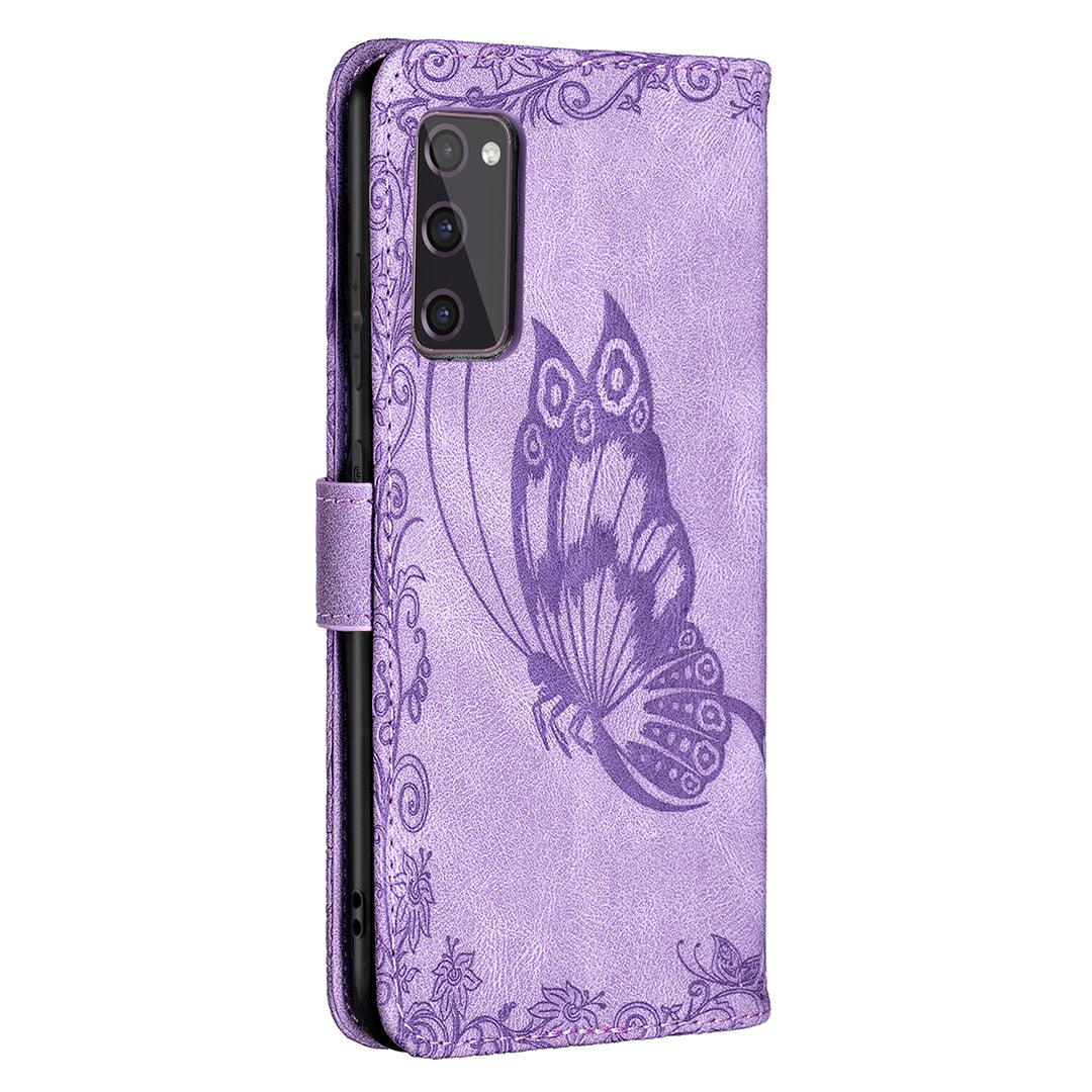 Magnetic Clasp Imprinted Butterfly Pattern Zipper Pocket Leather Phone Case Stand for Samsung Galaxy S20 FE 5G - Purple