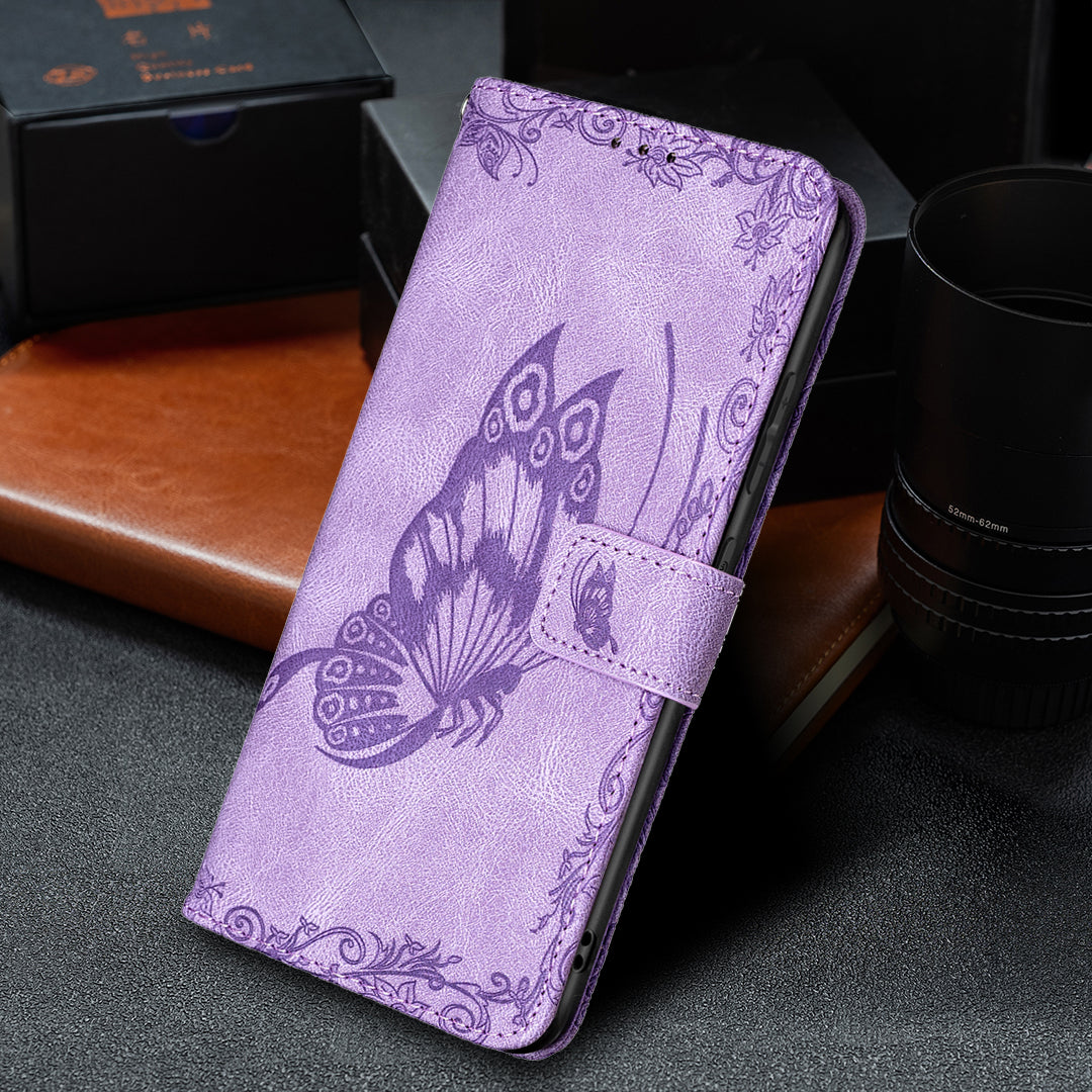 Magnetic Clasp Imprinted Butterfly Pattern Zipper Pocket Leather Phone Case Stand for Samsung Galaxy S20 FE 5G - Purple