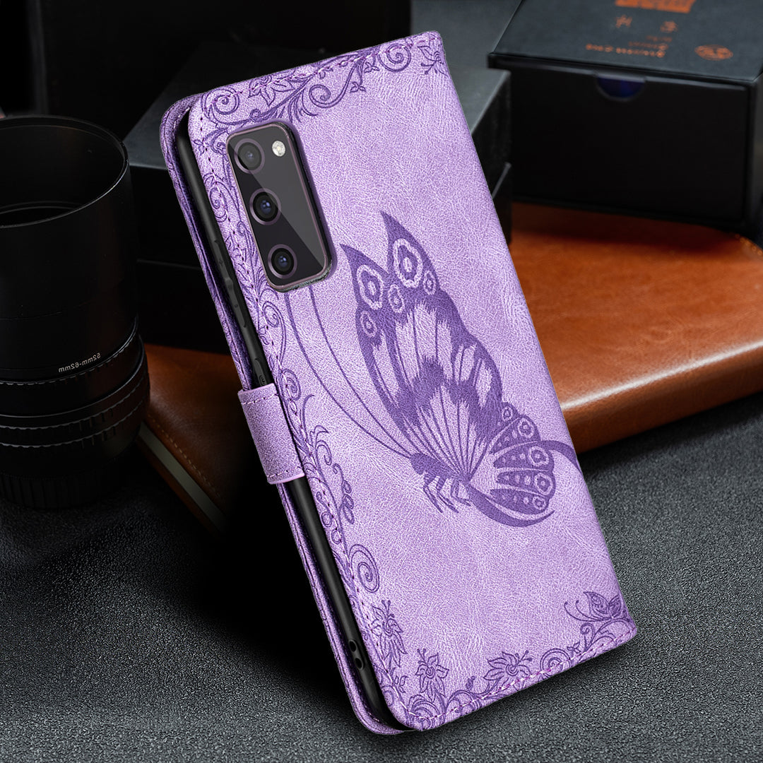 Magnetic Clasp Imprinted Butterfly Pattern Zipper Pocket Leather Phone Case Stand for Samsung Galaxy S20 FE 5G - Purple