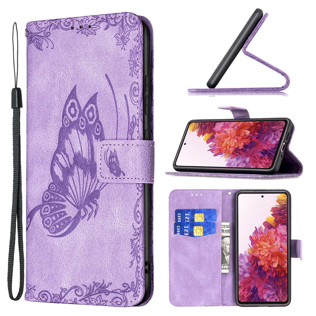 Magnetic Clasp Imprinted Butterfly Pattern Zipper Pocket Leather Phone Case Stand for Samsung Galaxy S20 FE 5G - Purple