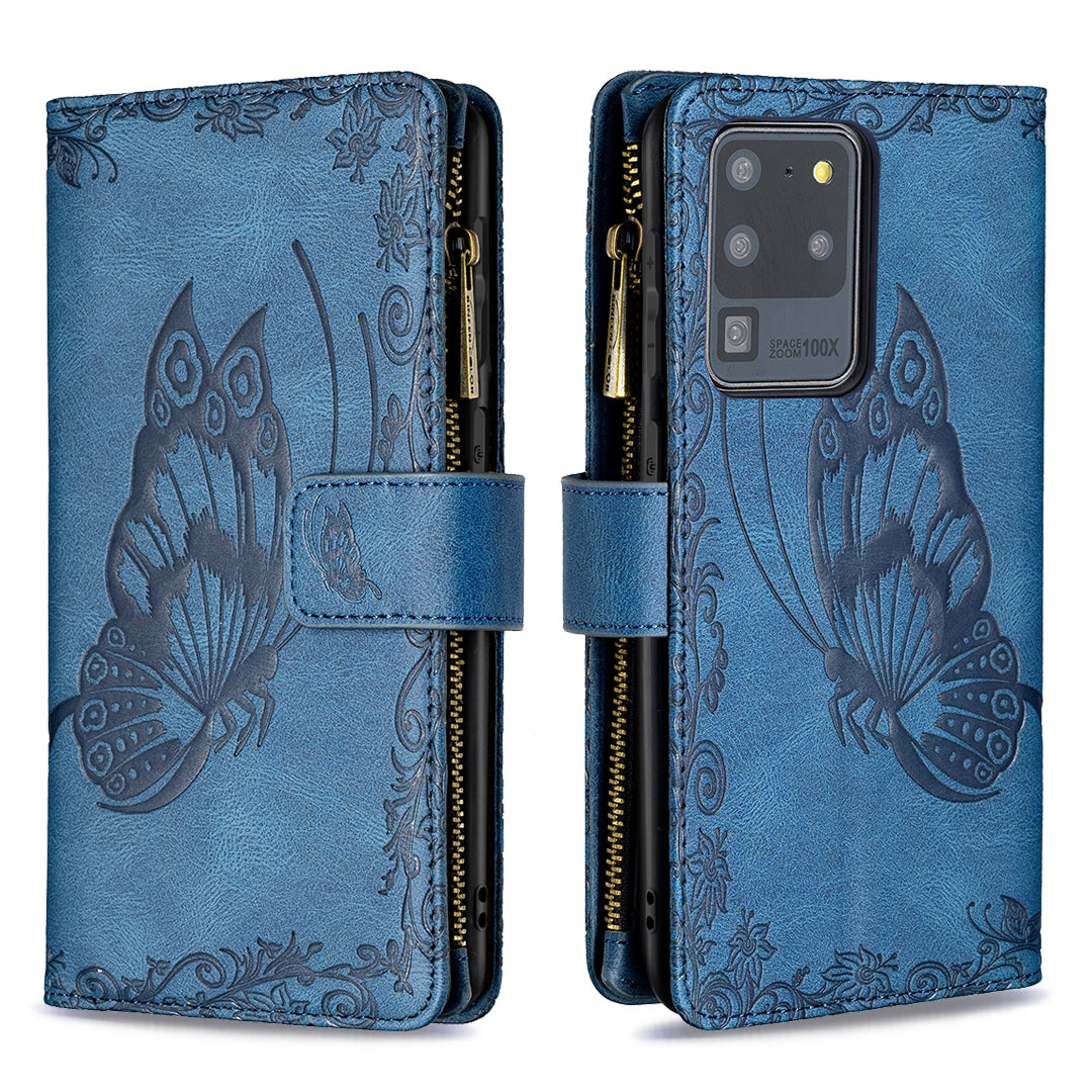 PU Leather Wallet Case for Samsung Galaxy S20 Ultra, Zipper Pocket Pattern Stand Flip Phone Cover - Blue