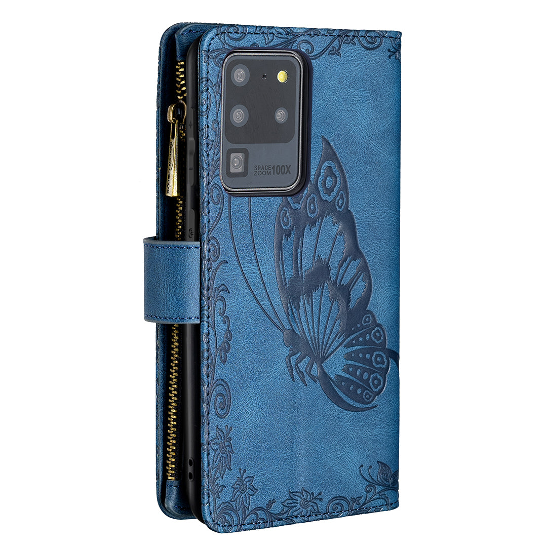 PU Leather Wallet Case for Samsung Galaxy S20 Ultra, Zipper Pocket Pattern Stand Flip Phone Cover - Blue