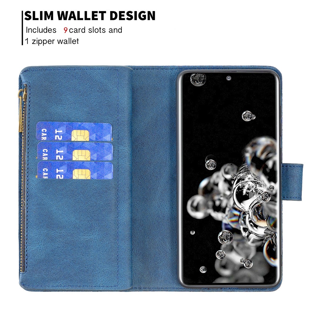 PU Leather Wallet Case for Samsung Galaxy S20 Ultra, Zipper Pocket Pattern Stand Flip Phone Cover - Blue