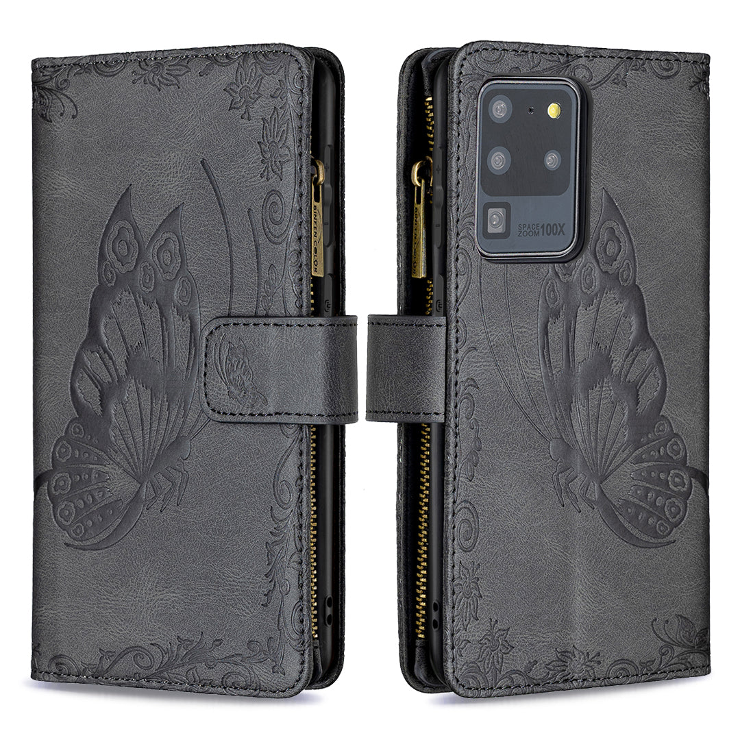 PU Leather Wallet Case for Samsung Galaxy S20 Ultra, Zipper Pocket Pattern Stand Flip Phone Cover - Black