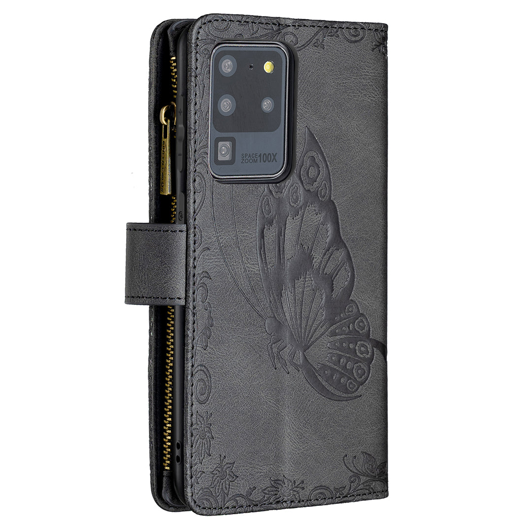 PU Leather Wallet Case for Samsung Galaxy S20 Ultra, Zipper Pocket Pattern Stand Flip Phone Cover - Black