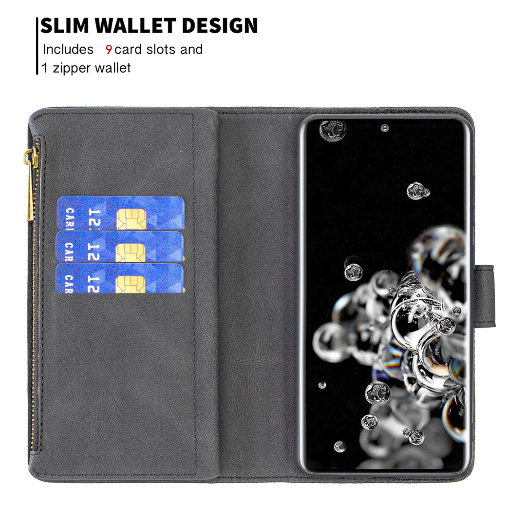 PU Leather Wallet Case for Samsung Galaxy S20 Ultra, Zipper Pocket Pattern Stand Flip Phone Cover - Black