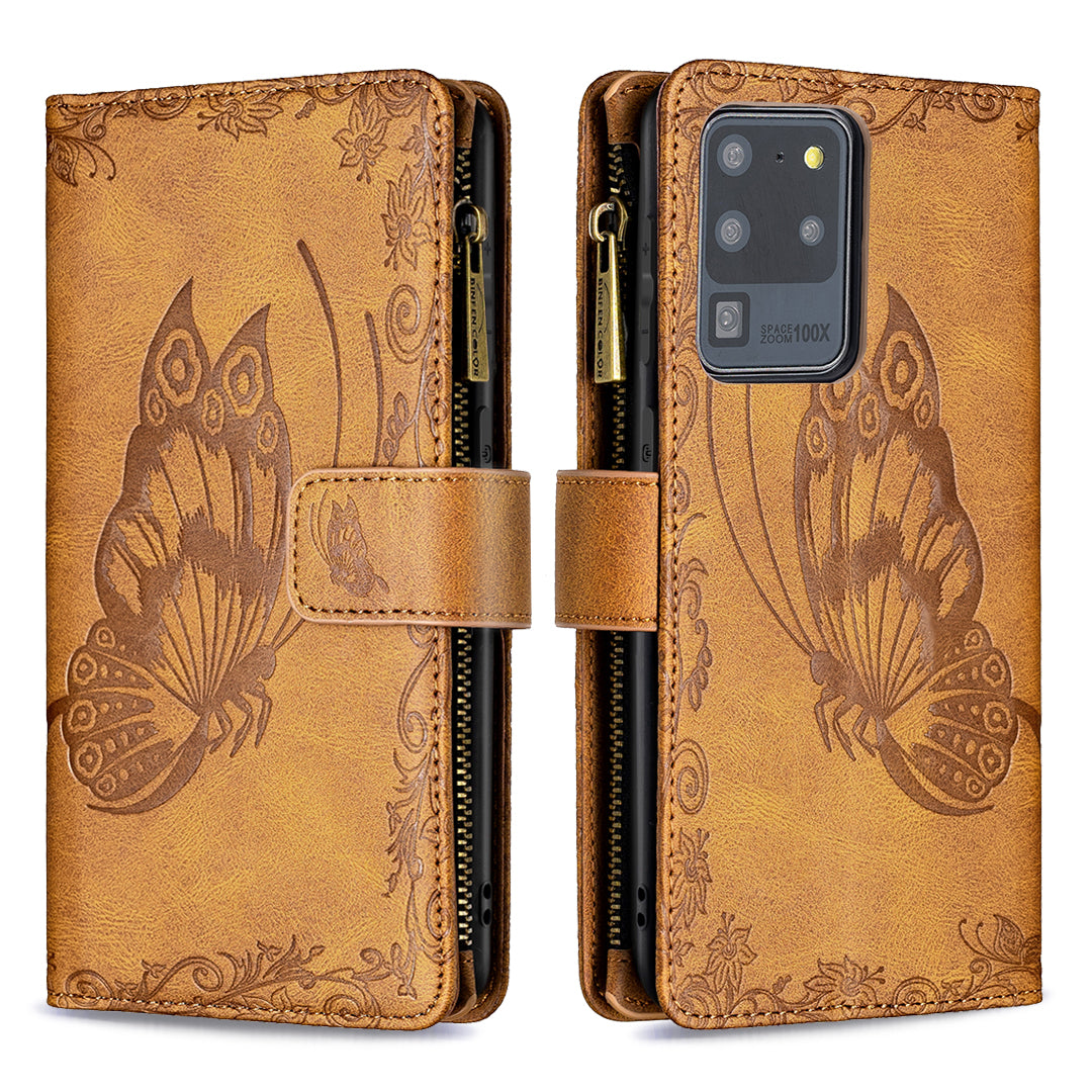 PU Leather Wallet Case for Samsung Galaxy S20 Ultra, Zipper Pocket Pattern Stand Flip Phone Cover - Brown