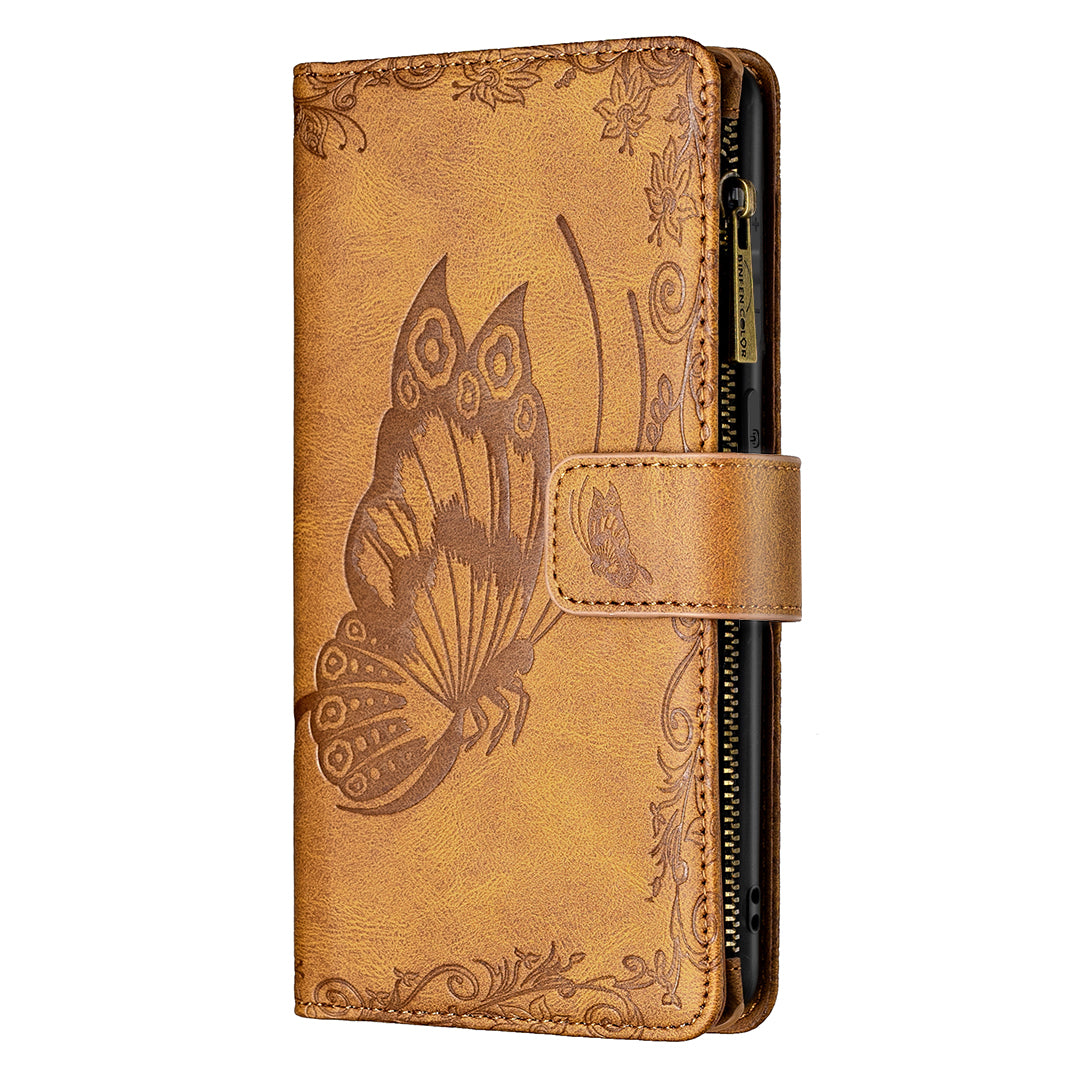 PU Leather Wallet Case for Samsung Galaxy S20 Ultra, Zipper Pocket Pattern Stand Flip Phone Cover - Brown