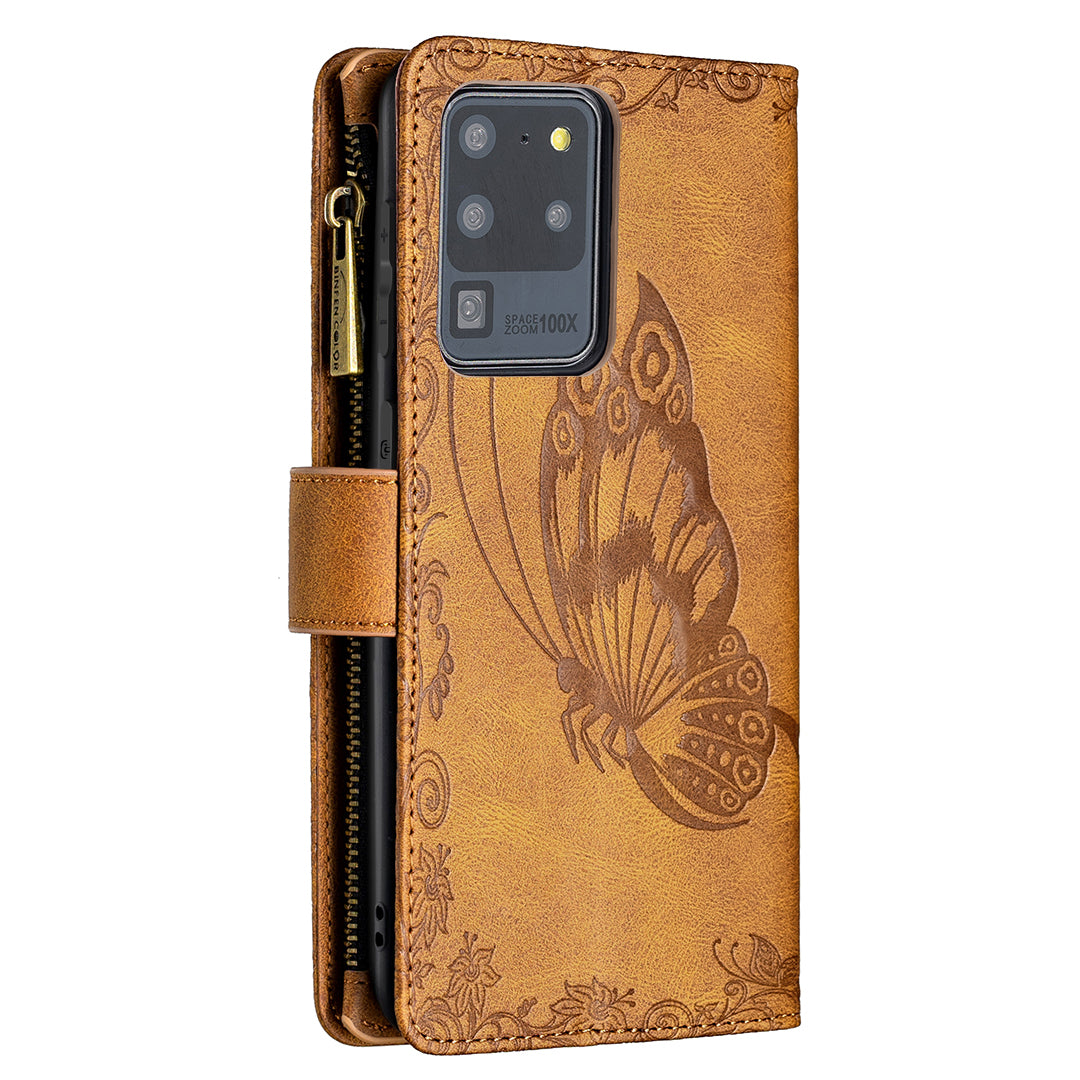 PU Leather Wallet Case for Samsung Galaxy S20 Ultra, Zipper Pocket Pattern Stand Flip Phone Cover - Brown