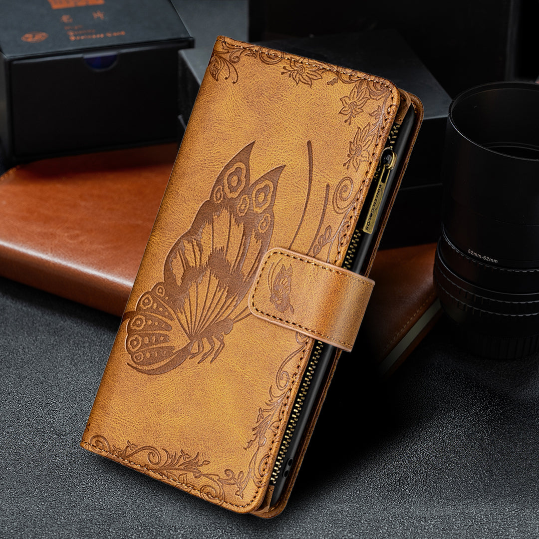 PU Leather Wallet Case for Samsung Galaxy S20 Ultra, Zipper Pocket Pattern Stand Flip Phone Cover - Brown