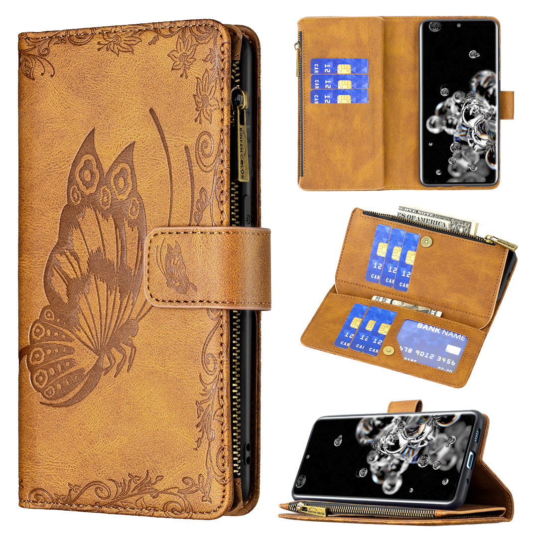 PU Leather Wallet Case for Samsung Galaxy S20 Ultra, Zipper Pocket Pattern Stand Flip Phone Cover - Brown