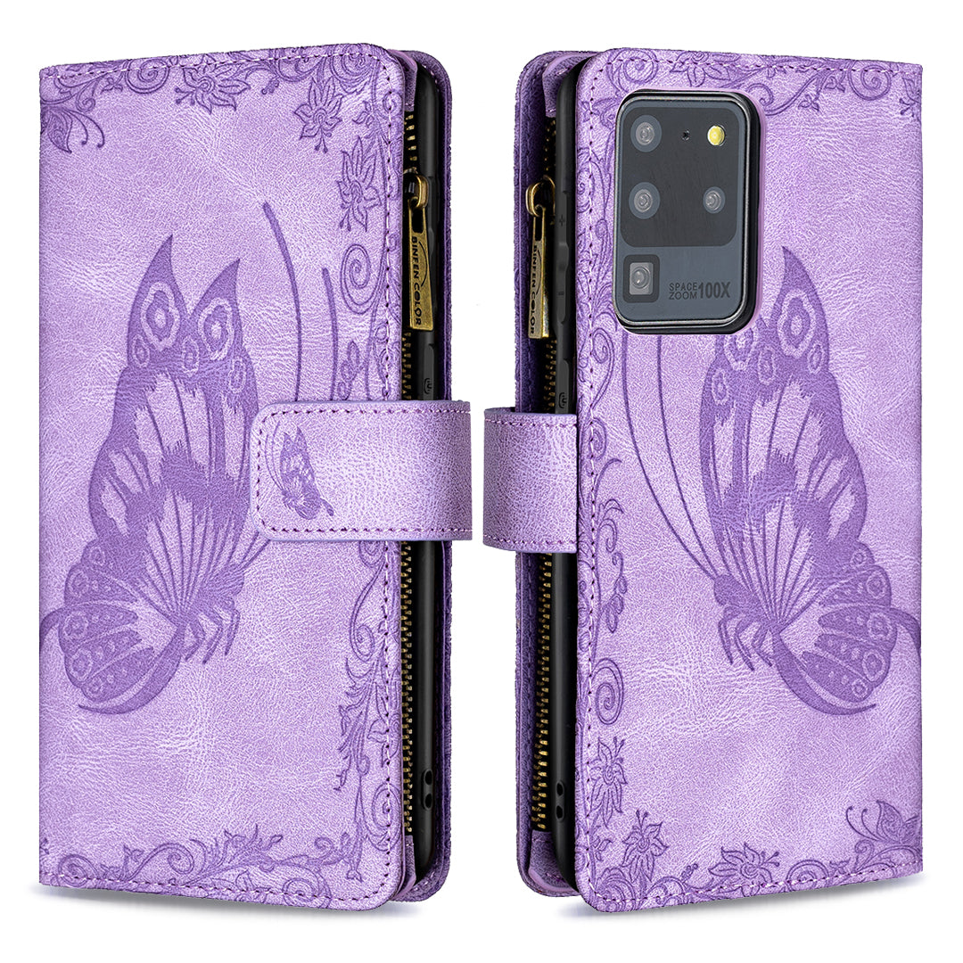 PU Leather Wallet Case for Samsung Galaxy S20 Ultra, Zipper Pocket Pattern Stand Flip Phone Cover - Purple