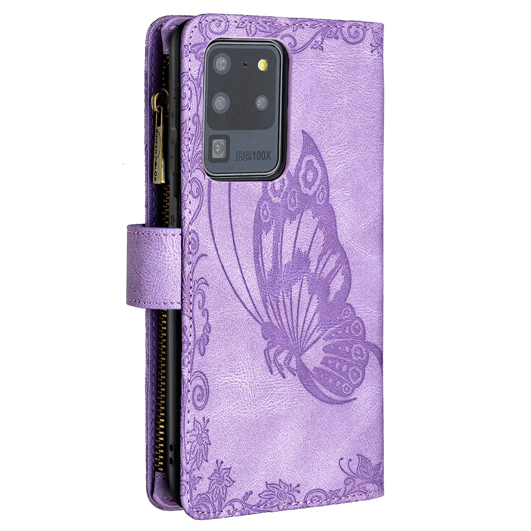 PU Leather Wallet Case for Samsung Galaxy S20 Ultra, Zipper Pocket Pattern Stand Flip Phone Cover - Purple