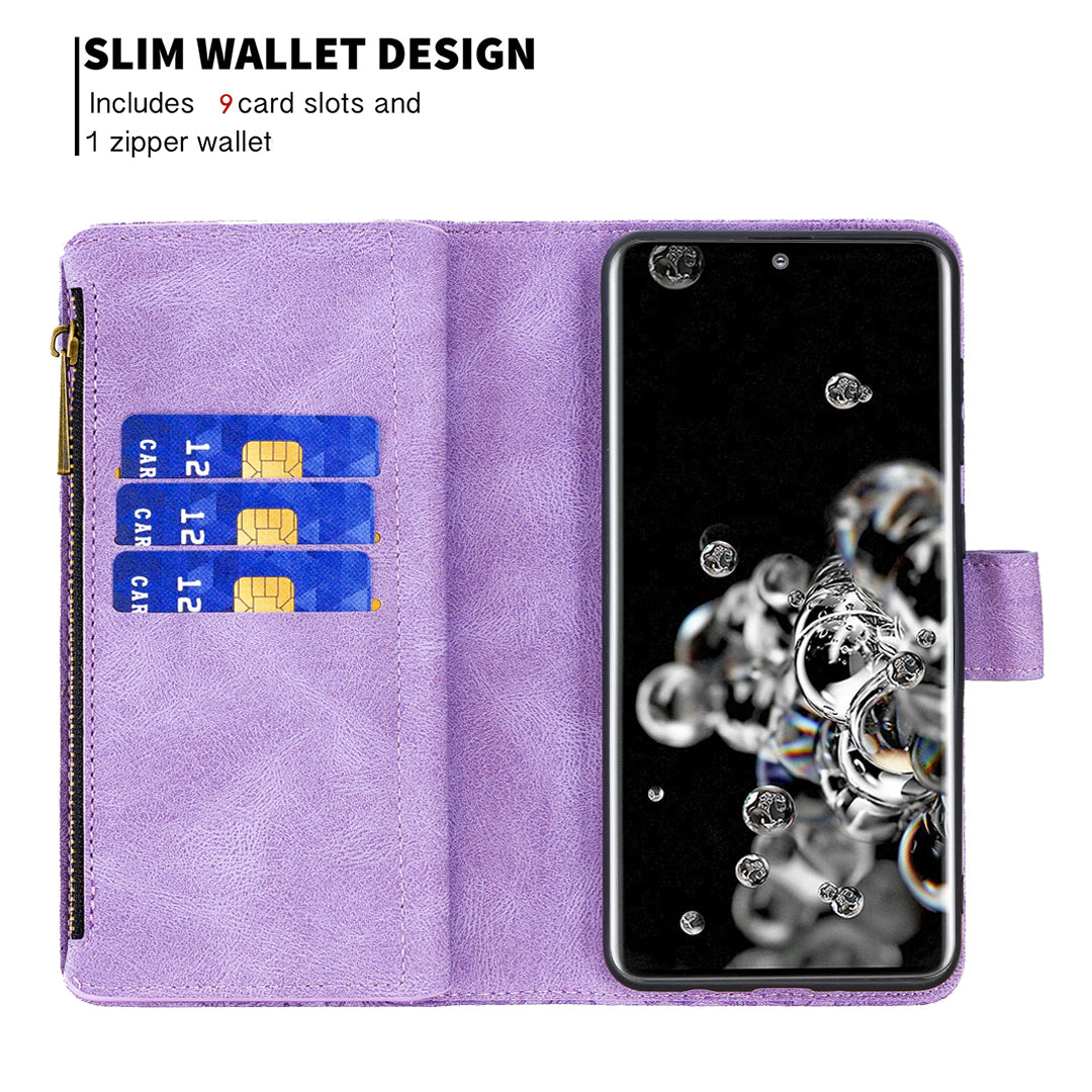 PU Leather Wallet Case for Samsung Galaxy S20 Ultra, Zipper Pocket Pattern Stand Flip Phone Cover - Purple