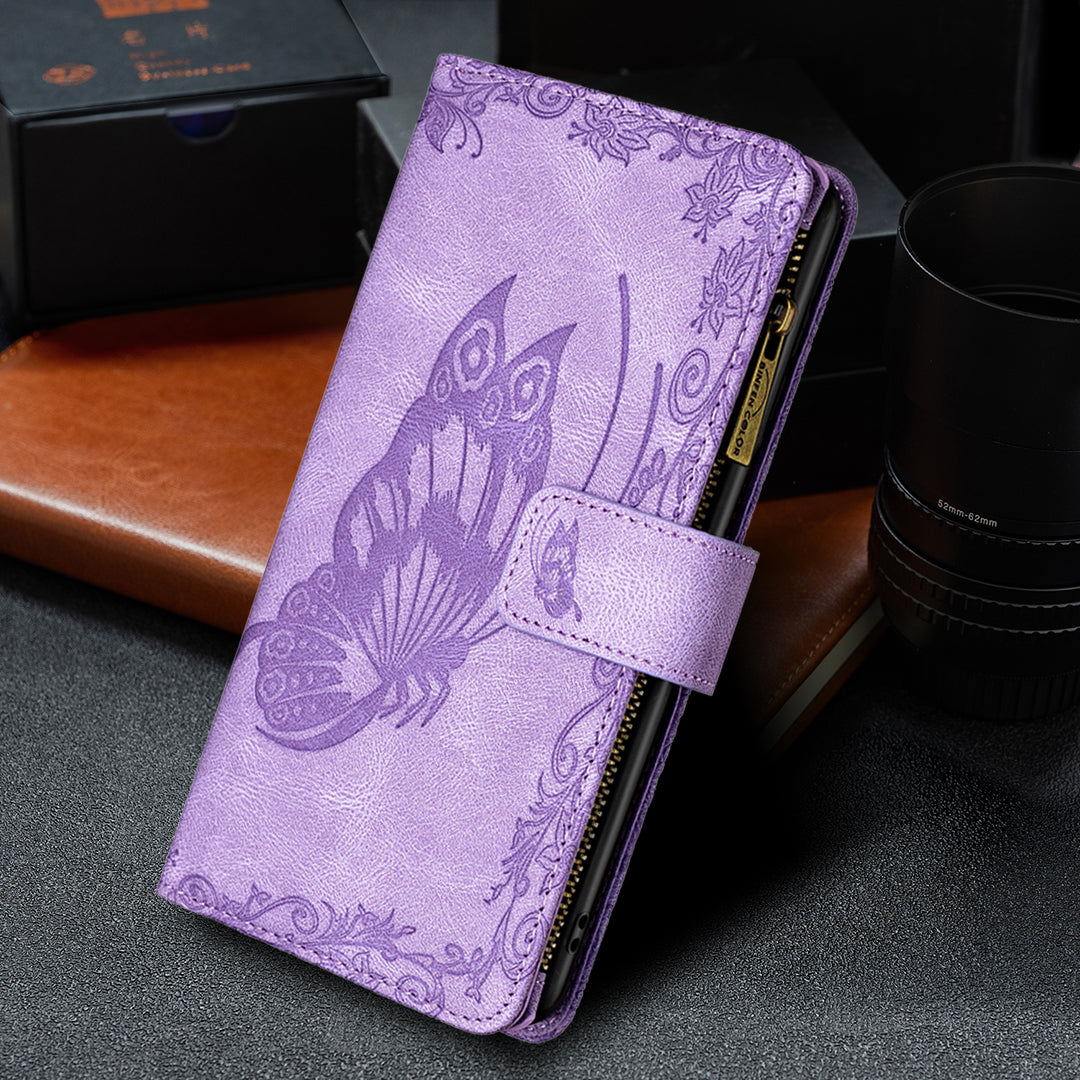 PU Leather Wallet Case for Samsung Galaxy S20 Ultra, Zipper Pocket Pattern Stand Flip Phone Cover - Purple