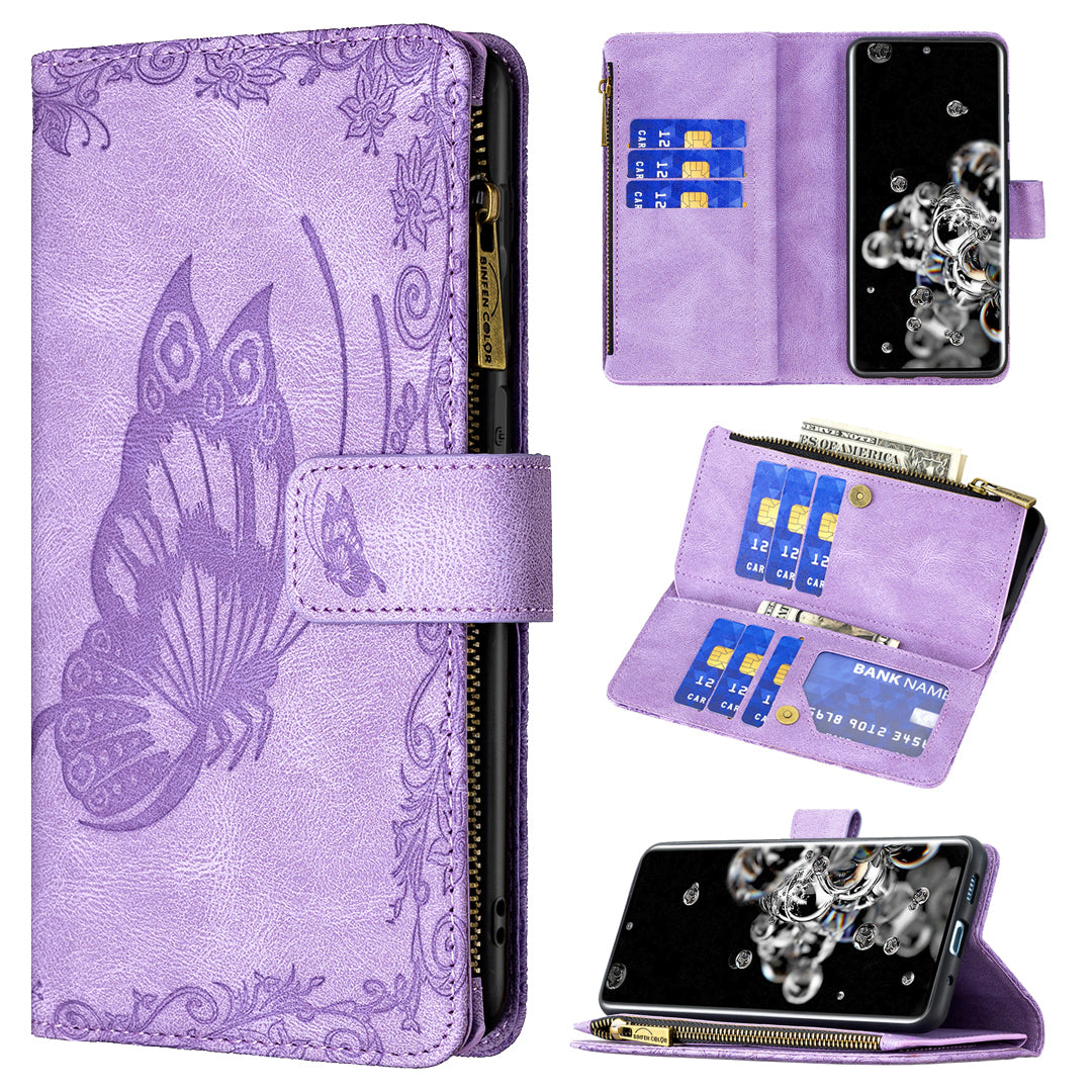 PU Leather Wallet Case for Samsung Galaxy S20 Ultra, Zipper Pocket Pattern Stand Flip Phone Cover - Purple