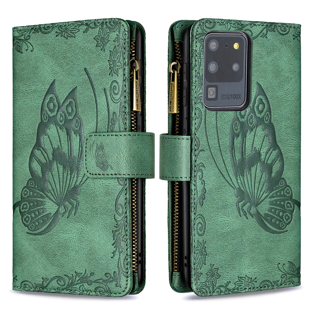 PU Leather Wallet Case for Samsung Galaxy S20 Ultra, Zipper Pocket Pattern Stand Flip Phone Cover - Green