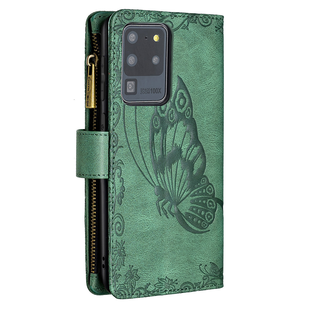 PU Leather Wallet Case for Samsung Galaxy S20 Ultra, Zipper Pocket Pattern Stand Flip Phone Cover - Green